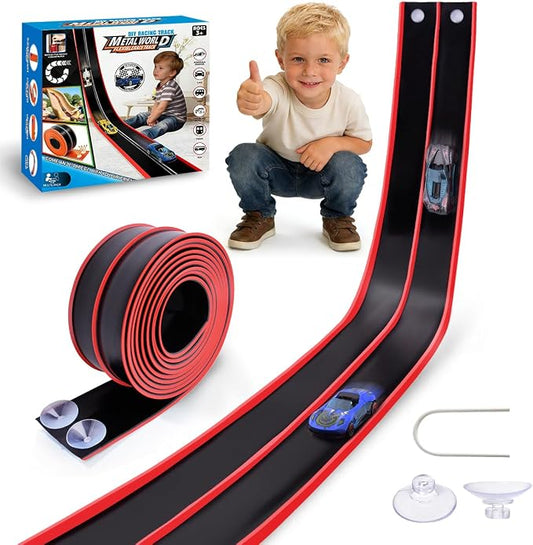 Flexible 15 Ft Race Track Starter Set for Kids Age 3+, Portable Car Track Playsets Compatible with Diecast 1/64th Cars, Long Kid Cars Ramp with Suction Cups, Rolls Up for Storage(Black)
