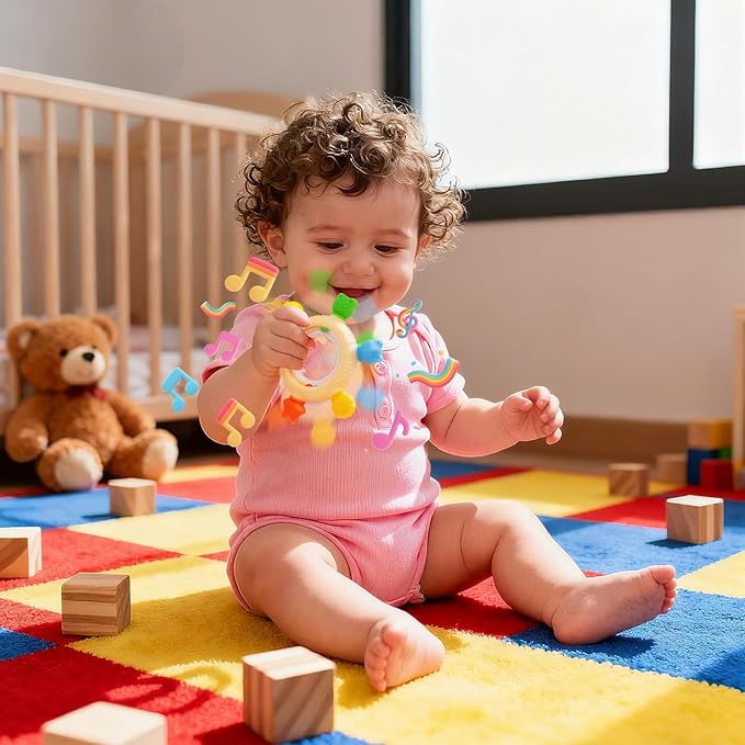 Baby Teething Rings Rattle Toys for 0-6 Months Baby Silicone Teether Relief Sooth Chew for Babies 0 3 6 9 12 Months Newborn Essentials Sensory Colorful Animal Teething Ring Infant Gift