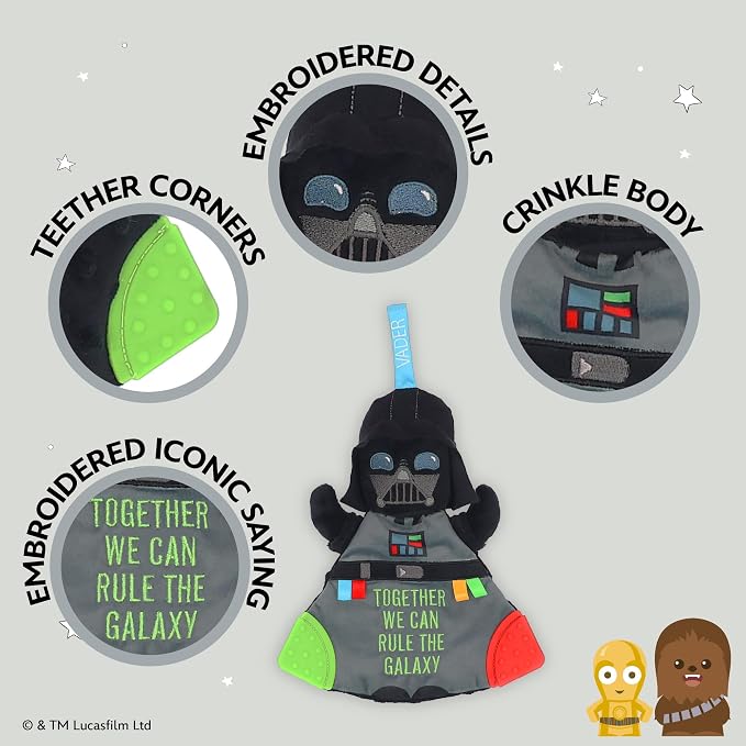 Kids Preferred Star Wars Darth Vader Baby Teether - Plush Toy with Crinkle Sounds and Silicone Teething Elements