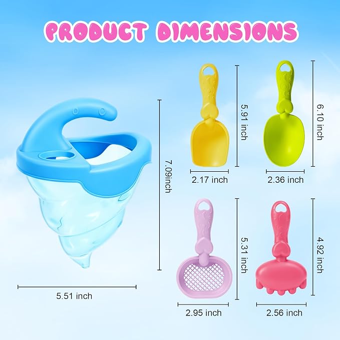 YUTONG Beach Toys for Kids, 5Pcs Sand Spilling Funnel,Set with Shovel Rake Siftersand Spoon,Outdoor Sandbox Toys for Toddlers Age 3+, Pool, Backyard and Summer Beach Activitie