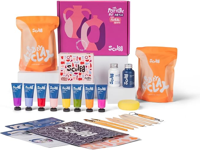 Sculpd - The Original Pottery Kit for Adults - Air Dry Clay for Adults, Tools, Varnish, Paints, Brushes, Couples Date Night Arts & Crafts Set, Gloss Varnish with Floral Tones