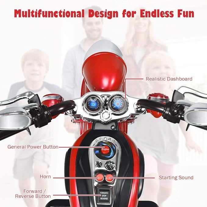 Costzon Kids Motorcycle, 6V Battery Powered Ride on Chopper Motorcycle w/Horn, Headlight, 3-Wheel Stable Ride on Toys, Electric Toddler Motorcycle for Kids Boys Girls Gift (Red)