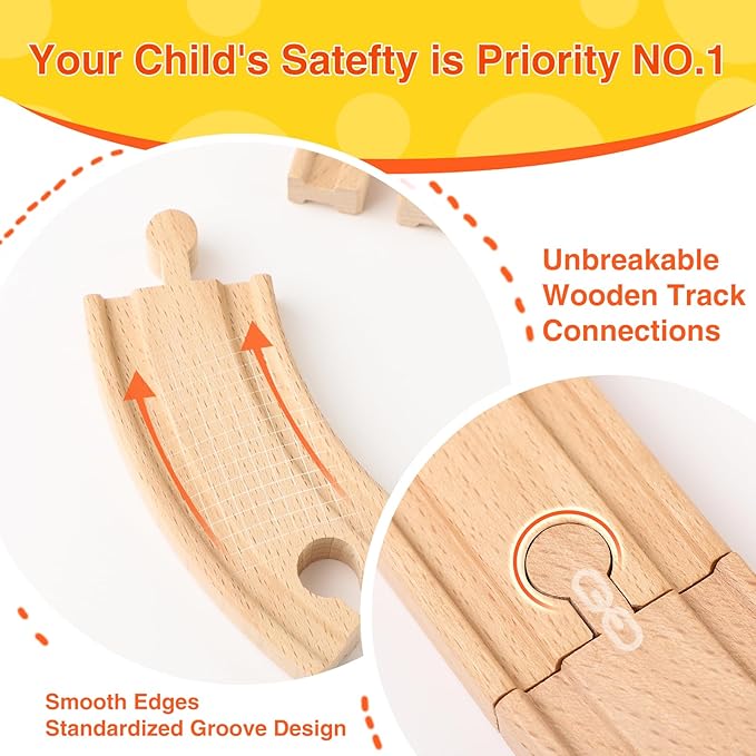 Wooden Train Tracks 60 Piece Set, Track Expansion Accessories for Toddlers 3-5 - 100% Compatible with All Major Brands Including Thomas & Brio Wooden Railway System