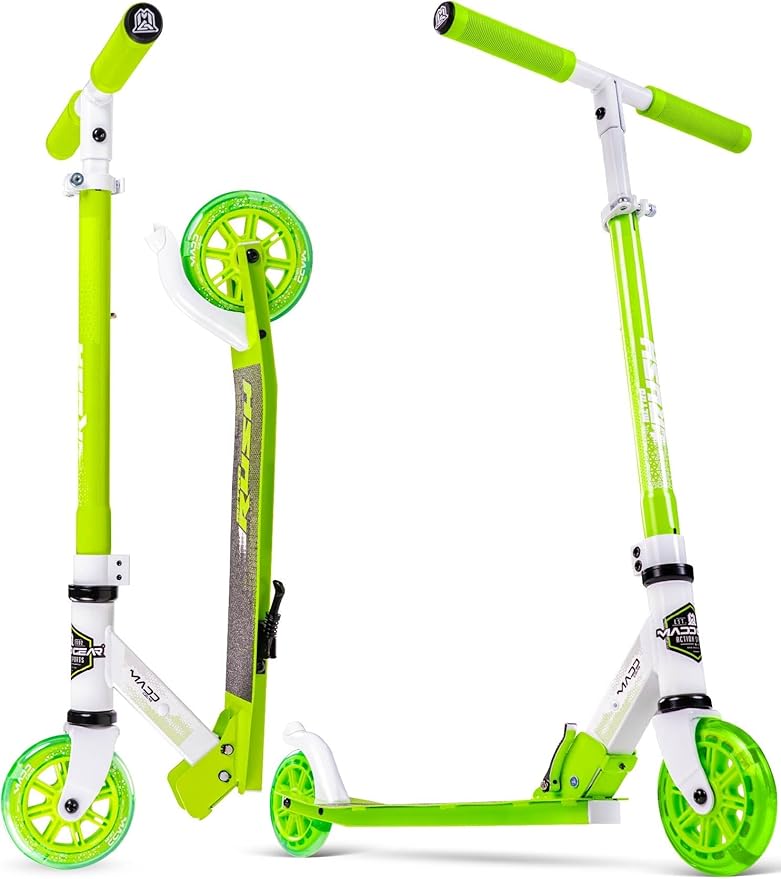 Kick Scooter for Ages 5+ - Kids, Teens & Adults. Max Load 220lbs. Foldable, Light-Up Wheels, Adjustable Height, Lightweight - Rush 125 Madd Gear