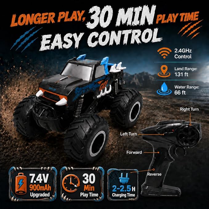 JoyRapt 1:16 Amphibious Monster Truck Toys, 2.4GHz Waterproof Remote Control Car, 4WD RC Truck Cars with 360 Degree Spins, All Terrain Rechargeable Off-Road RC Pickup Gifts for Boys Girls Ages 6-12