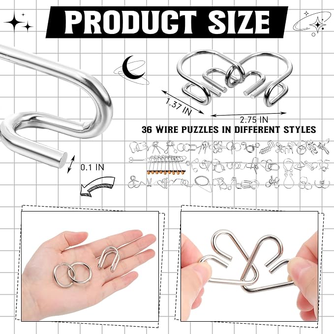 Metal Brain Teaser Puzzles Set of 36 with Pouch, Steel IQ Games Physics Mind Metal Puzzles for Adults Basket Stocking Stuffers for Adults Challenge Gifts(Medium)