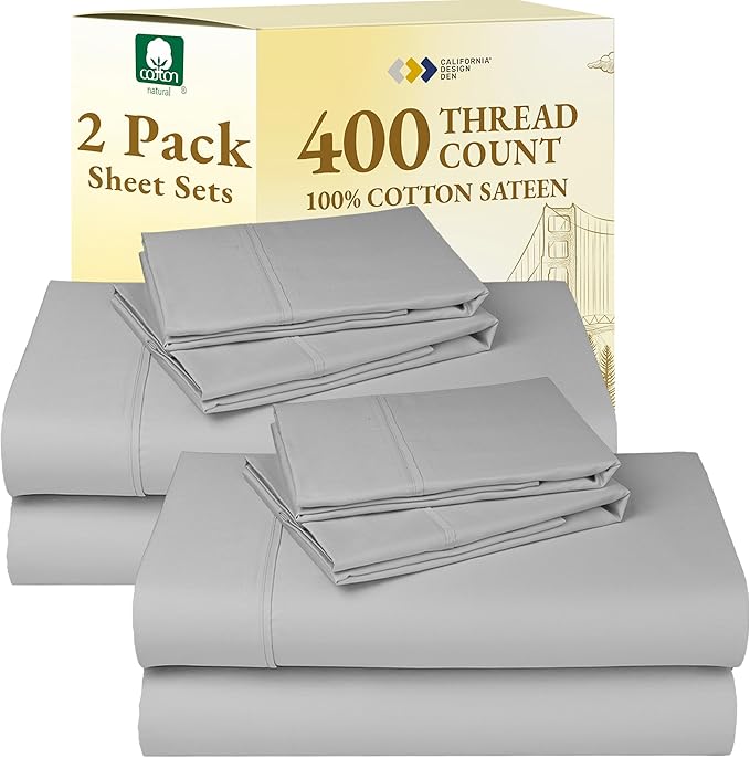 California Design Den Pack of 2 Full Size Sheet Sets 400 Thread Count 100% Cotton Sateen - Soft and Breathable Sheets, 2 Sets of Deep Pocket Bed Sheets - Light Grey