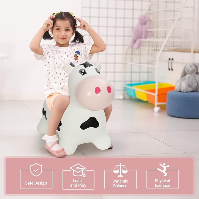 INPANY Bouncy Horse, Cow Hopper Toys, Toddler Bouncing Farm Animal, Inflatable Ride on Rubber Bouncer, Outdoor Indoor Birthday Gift for 2 3 4 Yr Boy Girl