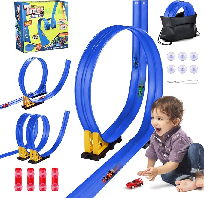 15 FT Flexible Toy Car Track with Suction Cups: DIY Roll-Up Racetrack Ramp for Window & Wall Surfaces, Compatible with 1/64 DieCast Vehicles, Screen for Boys Girls Ages 3-8