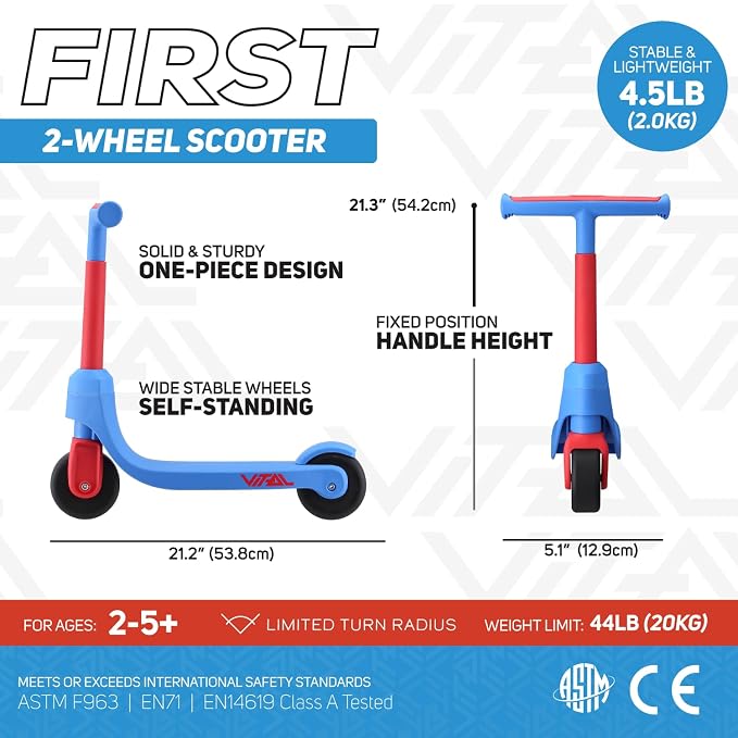 Vital First 2 Wheel Toddler Scooter | Beginner Balance Training Kids Toys for Ages 2-5 | Durable Lightweight Design & Fixed Height Kids Scooter | Wide Wheels and Foot Brake