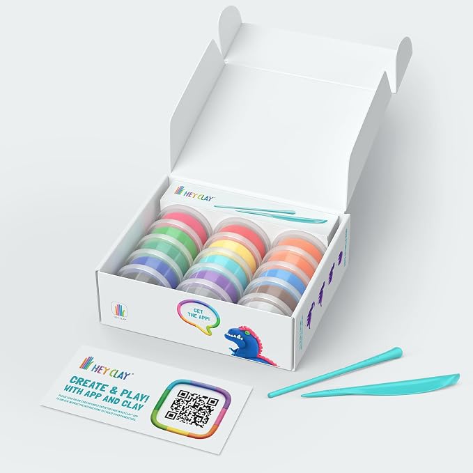 HEY CLAY Set - Colourful Modeling Air Dry Clay Kit for Kids 15 cans and Sculpting Tools with Fun Interactive Instructions App - Children 3+ (Mega Dinos)