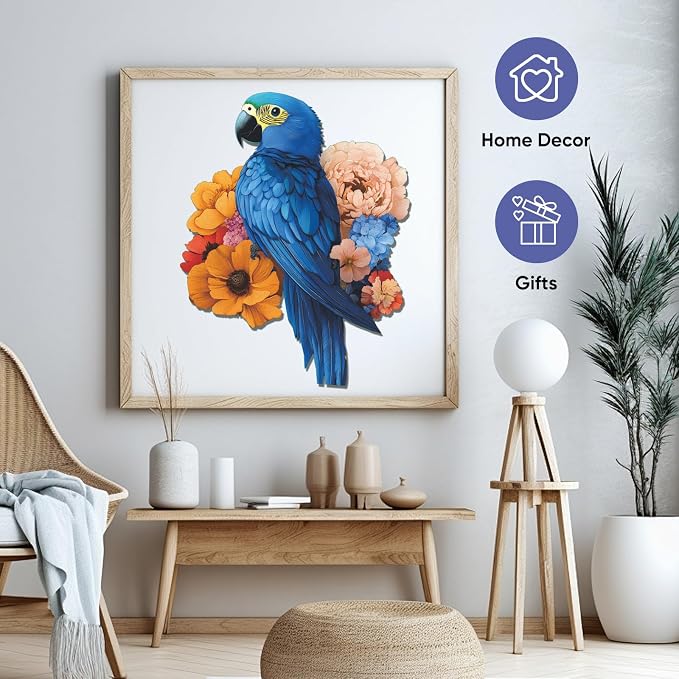 Mys Aurora Wooden Puzzles for Adults, Blue Parrot Couple Jigsaw Puzzles 500 Pieces, 16.6 x 16.5 Inch, Royal, Unique Shaped Round Blue Parrot Puzzles for Adults and Kids, Family Game
