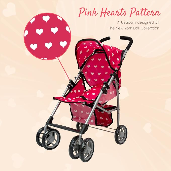 Baby Doll Stroller for Toddler Girls & Big Kids up to 8 Years Old | 28” Baby Stroller for Dolls, Toy Baby Stroller with Cute Pink Hearts Pattern, Storage Basket, Canopy, Handle Grips, Swivel Wheels