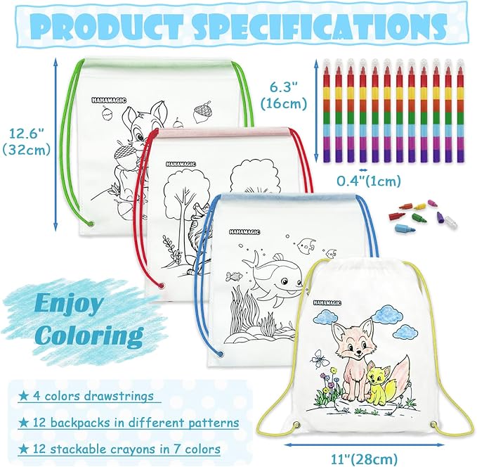 12 PCS Colorable Drawstring Backpack for kids with 12 stackable crayons (7 Colors Each), Perfect for return gifts, birthday goodie bags and art party favor bags for kids