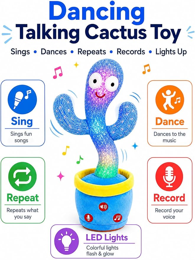 Rechargeable Dancing Talking Cactus Toy Adjustable Volume, Singing Mimicking Cactus Baby Toy, Safe Plush Eyes Baby Toys 18 month+, 1st Birthday Girl Gifts, 1 Year Old Girl Gifts (Rechargeable Blue)
