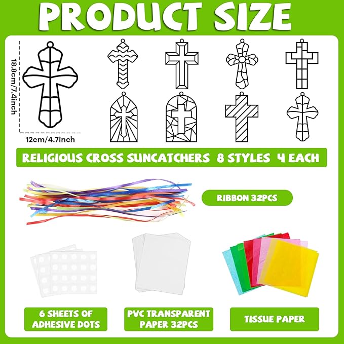 Lonfliness 32 Set Cross Suncatchers Craft DIY Religious VBS Window Stain Glass Effect Paper Christian Home Sunday Easter Decorations Art Craft Creative Activity Project Gift Favor
