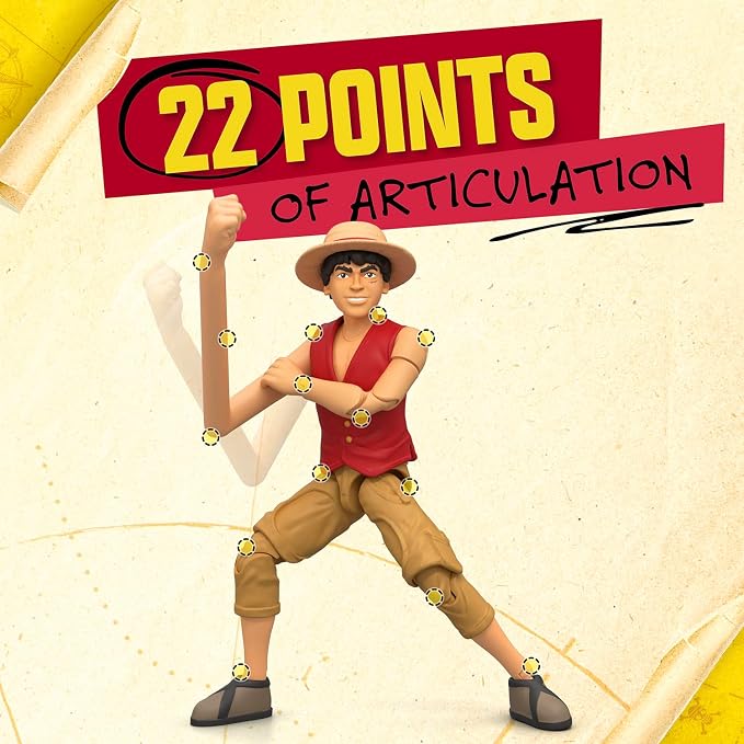 One Piece Monkey D. Luffy Action Figure, 6″ (15 cm) with 6 Accessories, Includes Swappable Arms and Legs, Wanted Poster, and Berry Coin Display Base