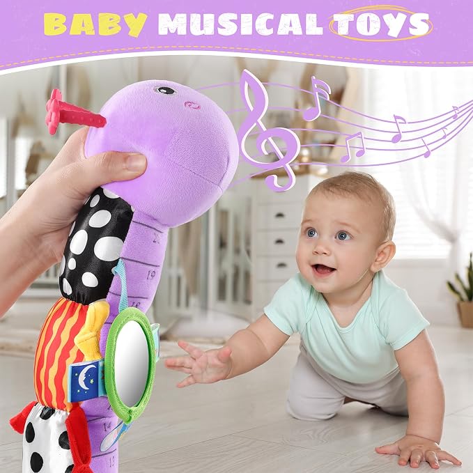 AWOTOY Baby Toys 6-12 Months Music Caterpillar,Stuffed Animals Infant Toys 0-3-6 Months,Teething Sensory Toys Tummy Time with Mirror Crinkle Rattle&Pull String for Boys Girls Gifts Birthday|Purple