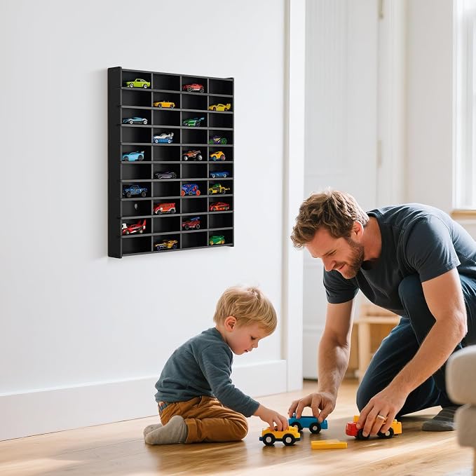 Krafetto Toy Car Display Shelf, Holds 40 Diecast 1/64 Toy Cars, Wall Mount Model Car Storage Organize Case, Black