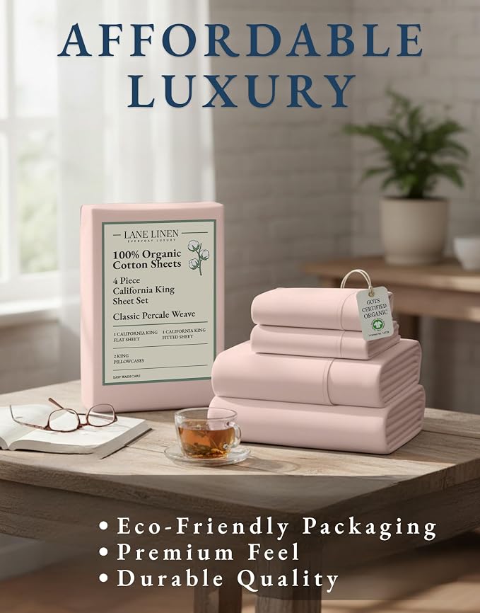LANE LINEN California King Sheet Set 100% Organic Cotton Soft - Sepia Rose | Cal King Sheet Set, Pure Long-Staple Organic Cotton - For Master Suites, Naturally Cooling & Lightweight, Great For Gifting