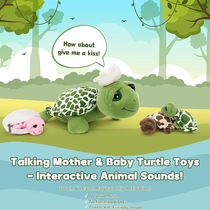 MorisMos Turtle Stuffed Animal with Babies Inside, 14'' Talking Mommy Turtle Plush with Babies & Eggs, 6PCS Interactive Sea Ocean Plush Toys Family with Gentle Voice, Big-Eyed Gift for Kids Girls