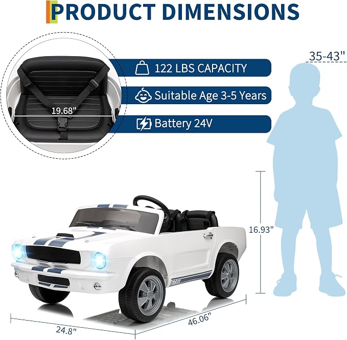 Garvee 24V 2 Seater Ride on Licensed Shelby GT350, Battery Powered Ride on Toys for Kids with Remote Control, Ford Shelby Kids Electric Vehicle 2 Seat, Safety Belt, 2 Speeds, LED Lights, White