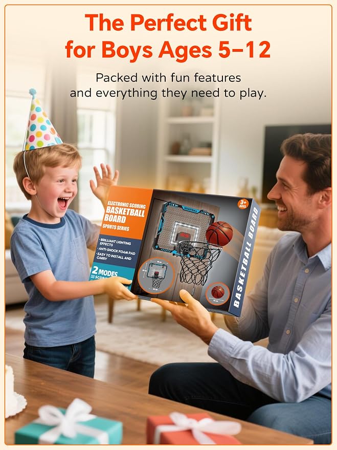 BATURU Over The Door Basketball Hoop for Kids – Indoor Basketball Toy with LED Scoreboard, Lights & Sound, Easy to Hang – Fun Gifts for Boys Ages 6–10