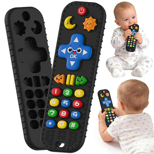 Baby Teething Toys Silicone Baby Remote Teether Over 3 Months - Baby Essentials Sensory Chew Toys - Baby Teether for Teething Relief - BPA Free Infant Toys Baby Shower Gifts (1, Black)