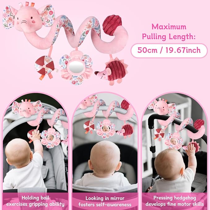 Hanging Car Seat Toys, Spiral Crib & Stroller Activity Toys with Rattles for Babies 0-6 Months, Baby Car Seat Accessories Toy for Developing Sensory & Motor Skills, Ideal Gift for Newborn Infant