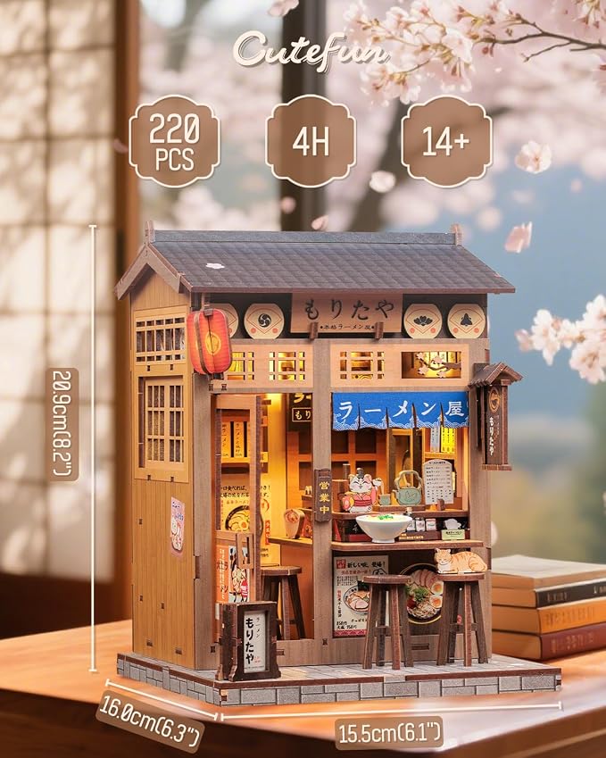 Cutefun Book Nook Kit - DIY Miniature House Kit for Adults, Japanese 3D Wooden Puzzle Tiny House with LED, Dollhouse Kit Bookshelf Insert Decor Creative Gifts for Teens and Beginners (Morita Ramen)