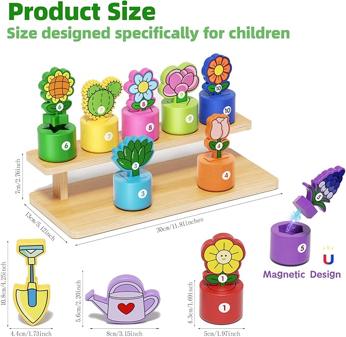 GJZZ Montessori Shape and Color Sorting Toys, Wooden Flower Garden Set | Learning, Number Cognition, Fine Motor Skills, Birthday Gifts, Pretend Play for 2 Year Old Girl
