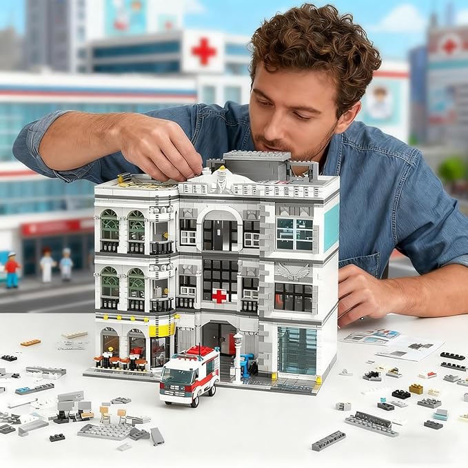 2-in-1 City Emergency Hospital Building Kit, MOC Street View Architecture 3 Levels Modular Buildings with 17 Figures, Construction Sets Ideas Present for Adults (4953 Pcs)