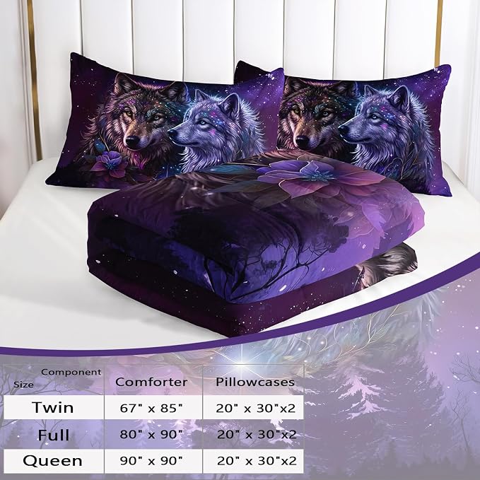 AILONEN Purple Galaxy Wolf Comforter Set - 3-Piece Twin Size Mystical Animal Starry Night Bedding for Room Decor, 2 Pillowcaases
