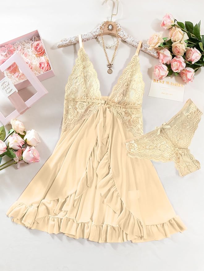 Foxiny Sexy Open Front V Neck Ruffle Sheer Mesh Lace Wireless Babydoll Lingerie Dress with Thong 2 Piece