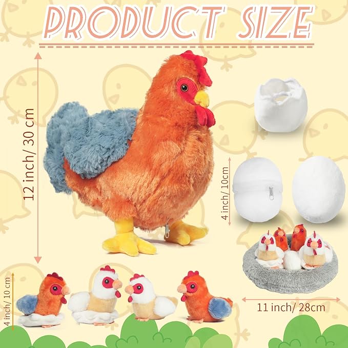 9 in 1 Chicken Stuffed Animal Set, Cute Stuffed Chicken Plush Toy Egg Laying Hen with Zipper and Baby Chicks Toy Chickens Eggs and Chicken Coop Toys for Kids Girls Boys Birthday Christmas Plush Gifts