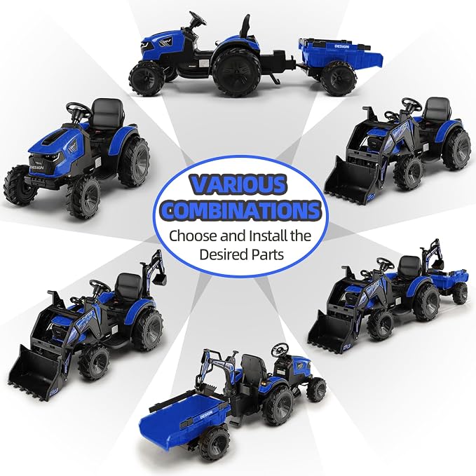 GarveeLife 3 in 1 Ride on Tractor, 24V Ride on Toy for Big Kids, Excavator Bulldozer - Battery-Powered Electric Vehicle w/Trailer, Digger, Remote Control, LED Lights, Music, USB, Battery Powered, Blue