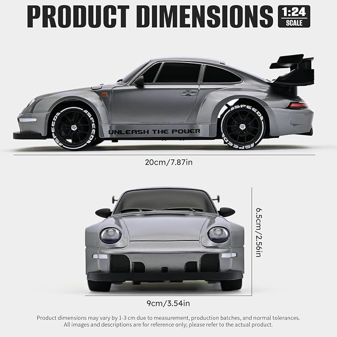 RC Drift Car,1:24 Scale Remote Control Car, 2.4GHz 20KM/H 4WD High Speed RC Cars for Kids with LED Light, Two Batteries,Drifting Tires,Racing Vehicle Toy for Adults Boys Girls Silver
