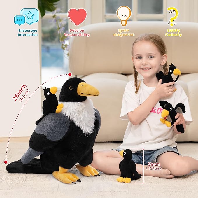 MorisMos Crow Raven Stuffed Animals, 26'' Mommy Raven Plush with 4 Baby Crow Plush Toys for Kid Girl Boy Bird Lover Christmas Birthday Gift, Realistic Black Bird Decor for Halloween Easter Baby Shower