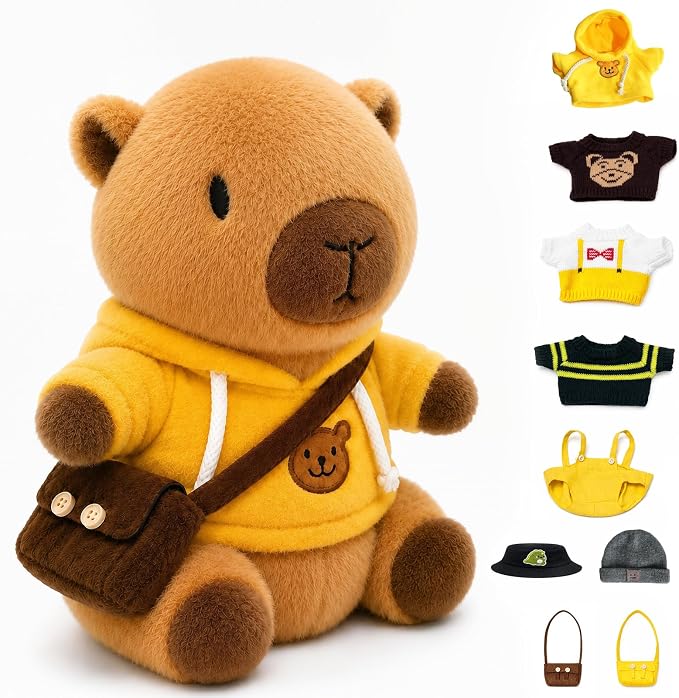 Capybara Plush Toy Capybara Plush with 9 Clothes and Accessories Super Soft Capybara Stuffed Animal for Kids Girls Boys 10.2inch (Black Capybara)