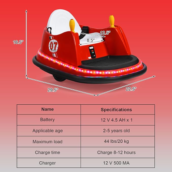 HONEY JOY 12V Toddler Bumper Car, Battery Powered Baby Ride on Bumper Car, Dual Joysticks, Flashing LED Light & 360 Degree Spin, Electric Vehicle Ride on Toys w/Remote Control, Gift for Boys Girls