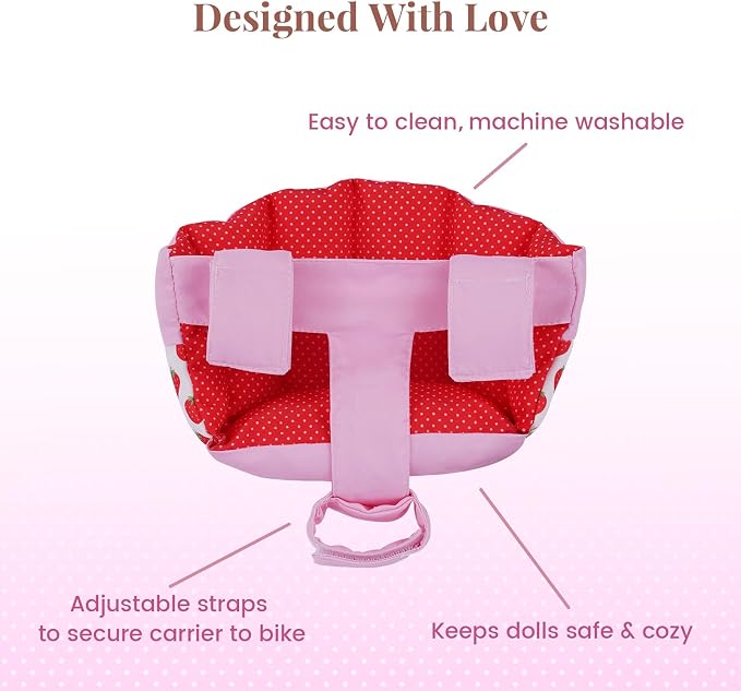 BABESIDE Doll Bike Seat for 12 Inch Dolls, Strawberry Doll Carrier for Kids Bike and Scooter, Baby Doll Accessories for Outdoor Play, Doll Bicycle Seat Gift for Girls Age 3+