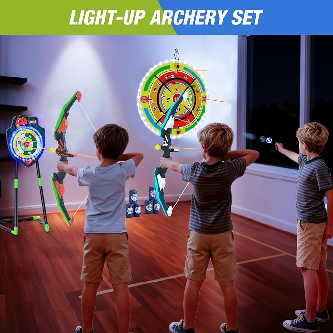 HYES 2 Pack Kids Bow and Arrow with 29" Large Dart Board, LED Light Up Archery Set with 24 Suction Cup Arrows, Indoor Outdoor Sport Toys Gifts for 3 4 5 6 7 8 9 10 11 12 Year Old Boys Girls