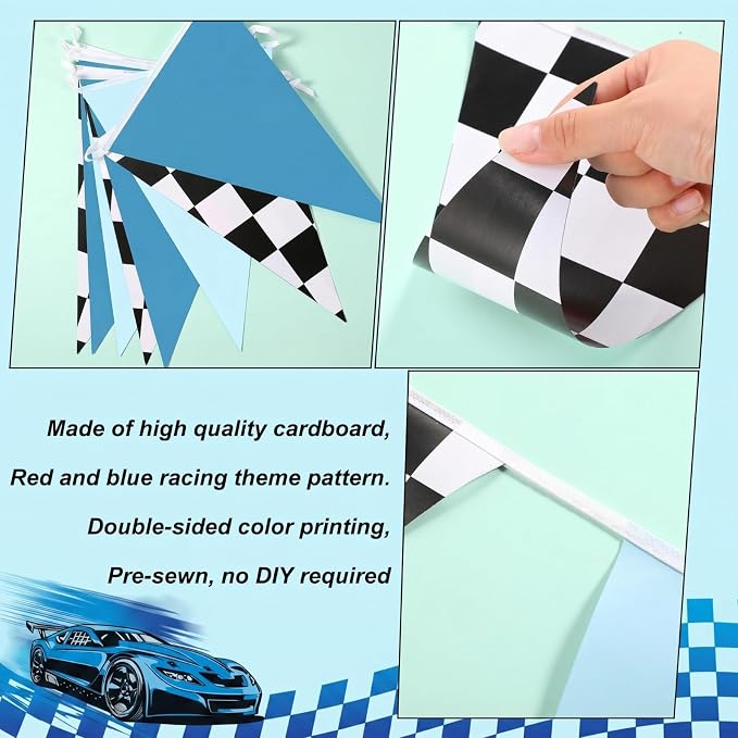 Tiamon 5 Pcs Racing Car Flag Banner Party Decorations Dusty Blue Black with Checkered Triangle 49.2 ft Flag Race Car Pennant Banner Garland Streamer for Birthday Baby Shower 2nd Two Fast Party Supply