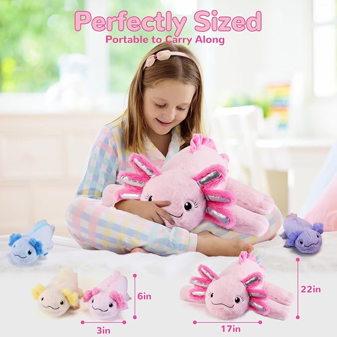 gnomantic Axolotl Stuffed Animals with Babies Inside, Mommy Toy for Kids | 5-Piece set: 1 mommy axolotl + 4 baby axolotls inside. Unzip belly to reveal surprise babies. Ultra-soft, ages 3-8.