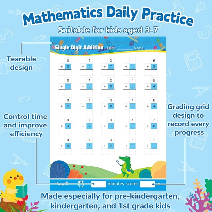 Addition and Subtraction Practice Worksheets Single Digit Math Problem Workbook for Pre-Kindergarten, Kindergarten, and 1st Grade Students for Ages 3-7, 56 Pages Front and Back, 5 Question Types