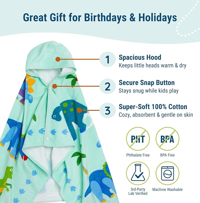 Wildkin Kids Hooded Beach Towel – 100% Cotton, Snap Front for Bath, Pool & Beach - Dinosaur Land