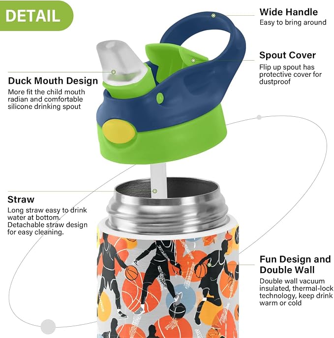Basketball Game Player Sports Kids Water Bottle with Straw Lid Balck Ball Insulated Stainless Steel Reusable Tumbler for Boys Girls Toddlers 12 oz Green