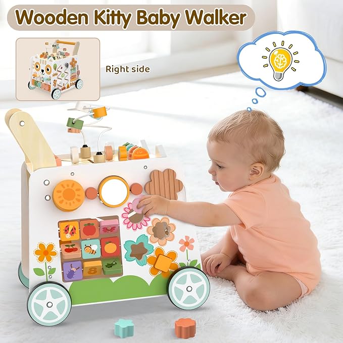 Weilim Wooden Baby Push Walker with Activity Center, Montessori Toy 12M+ | 16-in-1 Bead Maze Shape Sorter Xylophone, Height Adjustable, Non-Slip Wheels, BPA-Free Wood, Toddler Gift for Boys Girls