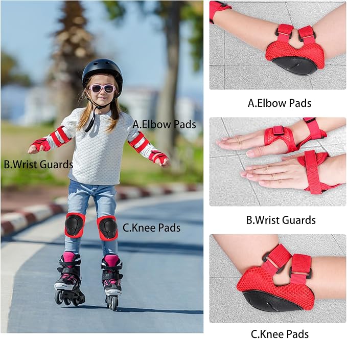 Kids/Youth Knee Pads and Elbow Pads Set with Wrist Guard 3 in 1 Kids Protective Gear Set for 3-14 Years for Skateboarding, Skiing, Cycling, BMX Biking, Running, Scooter