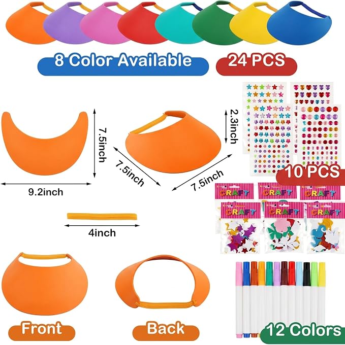 Outus 35 Pcs Assorted Craft Decorations with 24 Foam Visors for Kids, DIY Sun Visor Kit with Stickers & Markers for Arts & Crafts Activities (Bright Color)